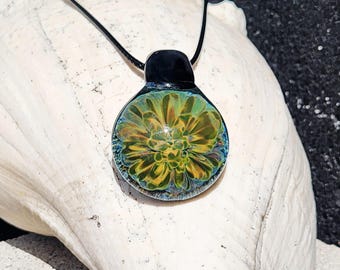 Handmade Glass Pendant Necklace – Yellow Green Flower Design, Gift Box Included