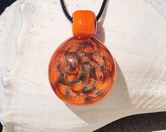 Handmade Orange Swirl Heady Glass Pendant • Green & Brown Necklace • Dichroic Glass Jewelry • Boho Pendant Necklace • Unique Gift for Her