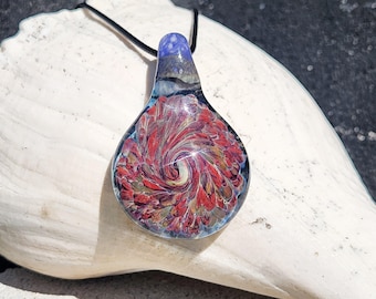 Handmade Glass Pendant Necklace – Heady Large Red and Olive Green Swirl Design