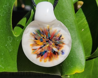 Colorful Burst Pendant • Handmade Glass Pendant Necklace • White Crushed Glass Flower Pendant • Boho Jewelry • Unique Gift for Her