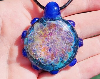 Heady Glass Pendant Necklace, Blue Handmade Dichroic Trippy Glass Pendant. Lampworked Borosilicate Glass. Anniversary gift. Birthday Gift