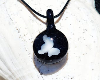 Small Black and White Glass Pendant - Handmade Blown Glass Necklace