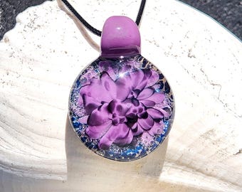 Handblown Borosilicate Glass Pendant Necklace: Purple and Black on a Multicolor Background