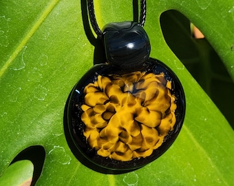 Handmade Glass Pendant Necklace • Bold Spiral Design in Yellow and Black • Blown Glass Jewelry • Unique Artisan Pendant