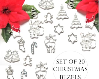 Silver 20 pcs set, Open Bezel for Resin, Christmas Ornaments, Hollow Out Pendants, Blanks Jewelry Making, DIY Jewelry, craft kit beginner