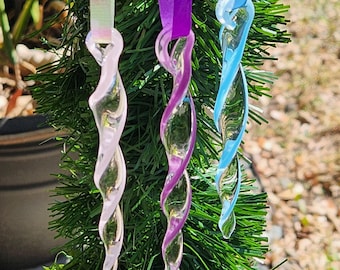 Pink Purple Blue Holiday Ornament Set - 3 Handmade Glass Icicles, Christmas Tree Ornaments, Beautifully Wrapped for Holiday Giving