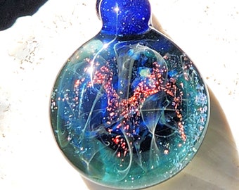 Heady Glass Pendant Necklace, Blue Handmade Dichroic Trippy Glass Pendant. Lampworked Borosilicate Glass. Anniversary gift. Birthday Gift