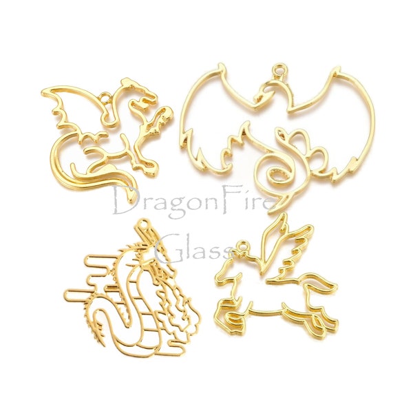 Resin Jewelry Kit, Open Back Bezels, Unicorn and Dragon, Gold Color, Hollow Out Pendants, Blank For Jewelry Making, resin supplies beginner