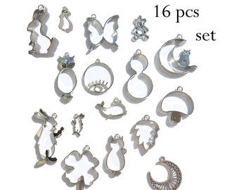 Open Back Bezel Set for UV Resin Jewelry Making - 16 pcs Assorted Silver Metal Shapes for Pendants, Earrings, Big Charms, and Keychains