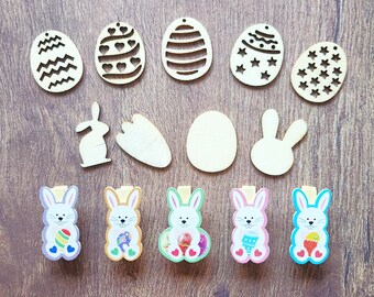 Easter Mixed Laser Cut Wooden Slices for DIY Decoration and Bunny Clips - Wooden DIY Easter Crafts. Cloths pin Bunnies Eggs Slices Supplies