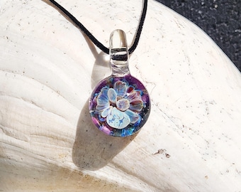 Handmade Glass Pendant – Purple & Blue Bloom with UV Glow