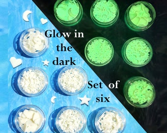 Set of 6 Glow in The Dark Moon, Hearts, Stars Polymer Clay Slices Fillings - Glow Slices Sprinkles for Slime Nail Art Craft. Resin Supplies