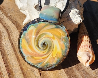 Golden Swirl Glass Pendant Necklace • Handmade Blown Glass Jewelry • Unique Boho Pendant • Gift for Her Him •  Heady Glass Pendant