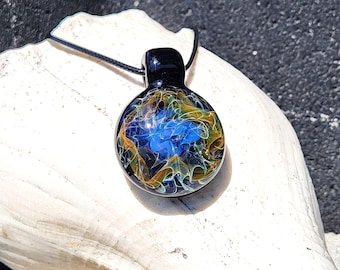 Gold and Silver Fumed Glass Pendant Necklace, Handmade Large Cosmic Jewelry with Blue, Purple, Orange and White Swirls