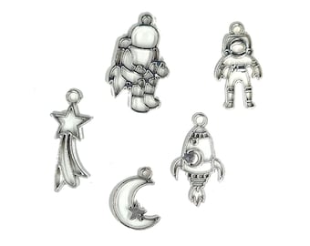 Space Charm Set – 5 Silver Astronaut, Rocket, Moon, Star Charms for Friendship Bracelets & Jewelry