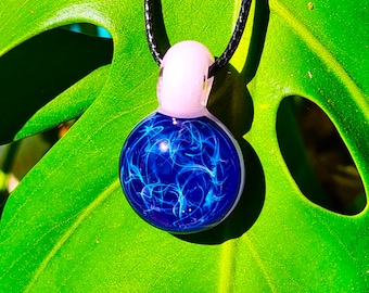 Handmade Blue & Pink Glass Pendant Necklace - Small Heady Glass Pendant, Sparkling Blown Glass Jewelry, Gift for Her, Trippy Glass Art