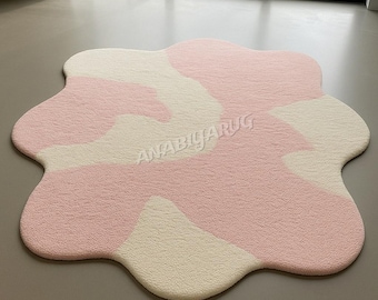 Hand-Tufted Organic Wool Rug | Pink & Cream Modern Abstract Area Rug | 5x5 Soft Sculptural Freeform
