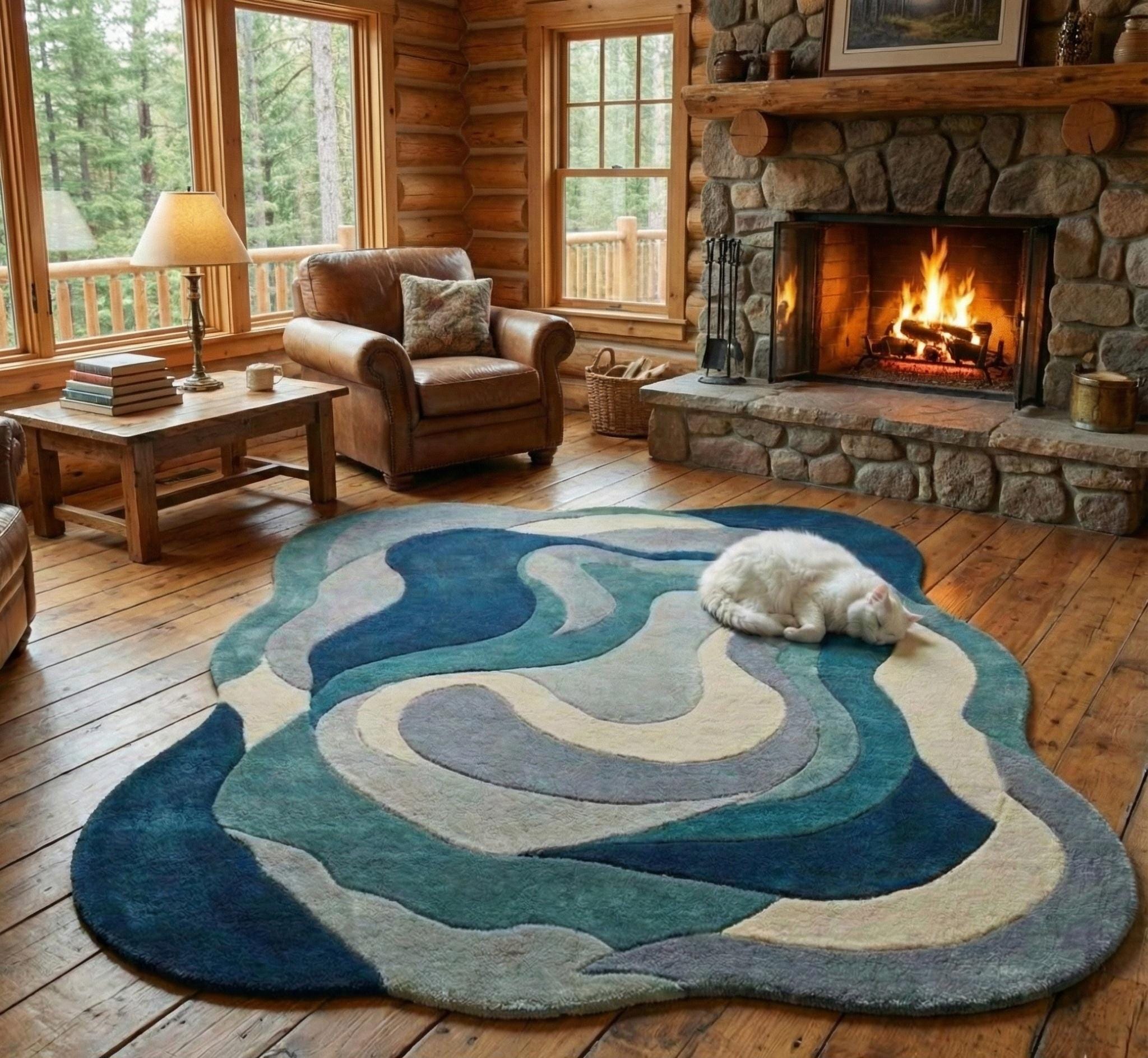 Hand-tufted Ocean Wave Wool Rug | Modern Abstract Curvy Design in