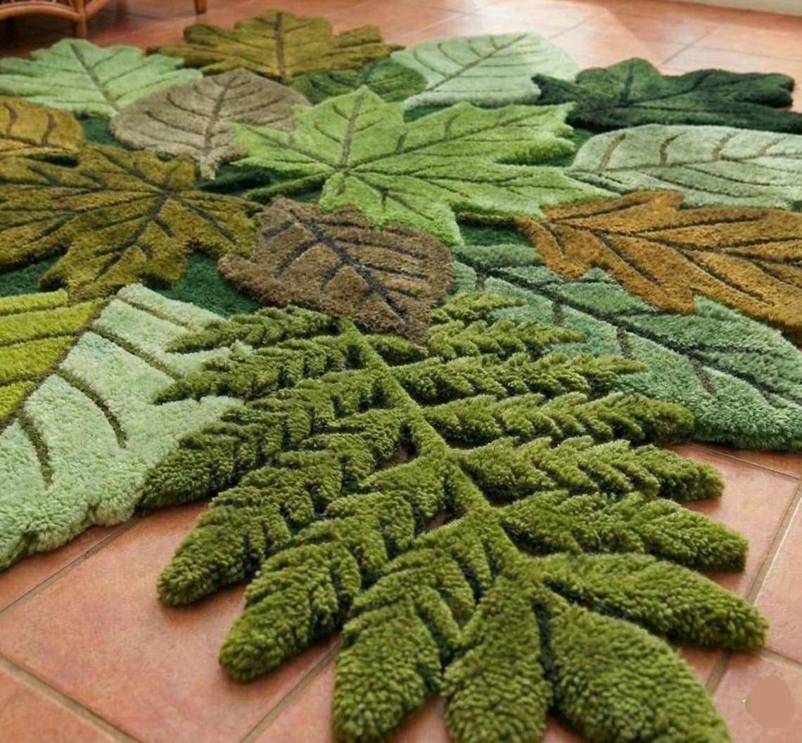 Leaf Rug Class Hand-tufted Botanical Leaf Emotion Rug | Nature-inspired Green Designer ...