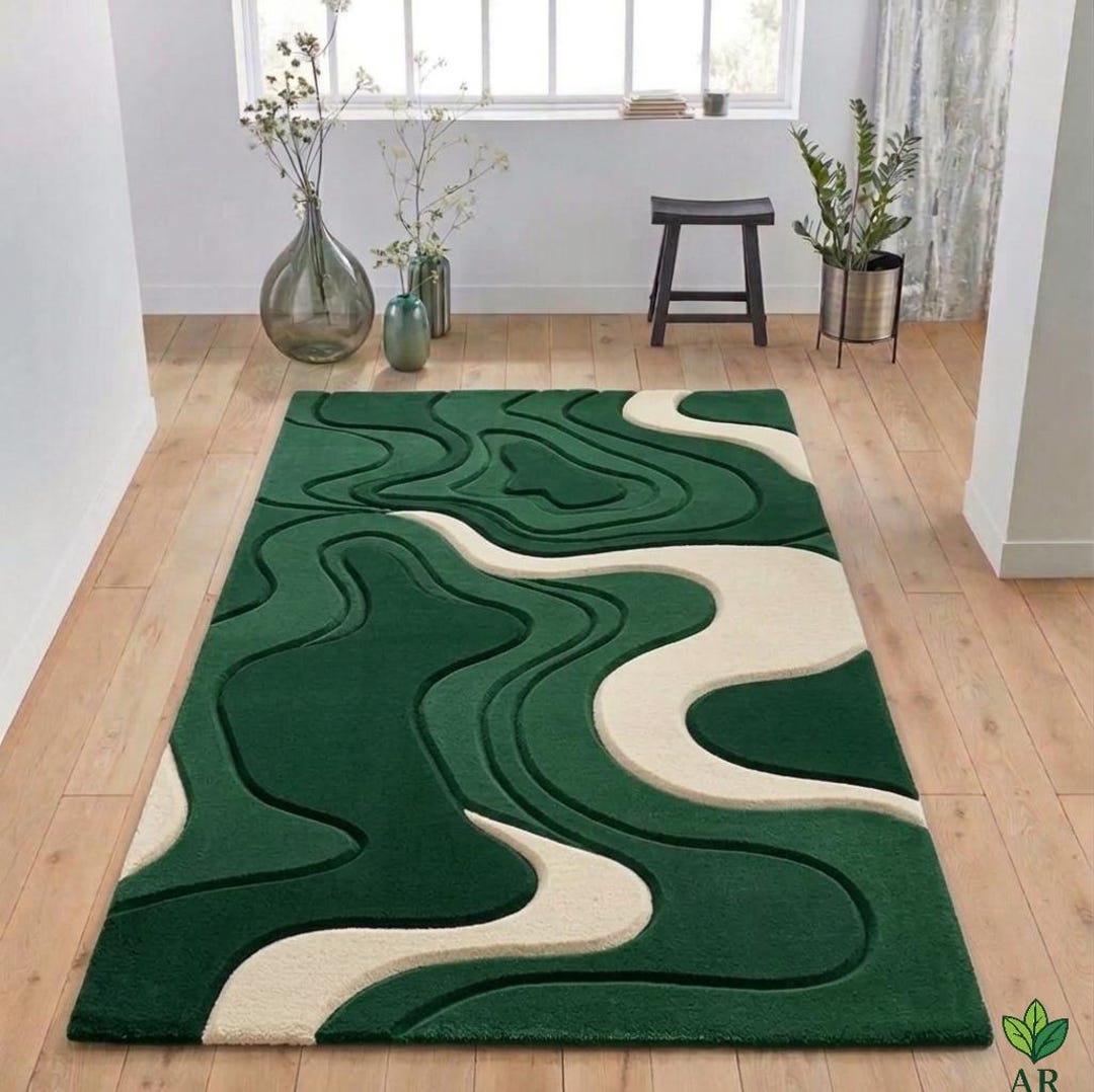 Abstract Green Wave Hand Tufted Area Rug | Organic Modern Carpet in 100 ...