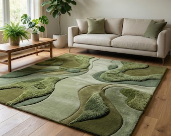 Hand-Tufted Organic Green Flow Rug | Nature-Inspired Modern Wool Area Rug | Sculpted Abstract Landscape 5x8