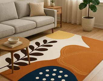 May include: A rectangular area rug with an abstract design. The rug features a color palette of cream, mustard yellow, rust orange, and navy blue. The design includes leaf and geometric shapes. The rug is placed in a living room setting.