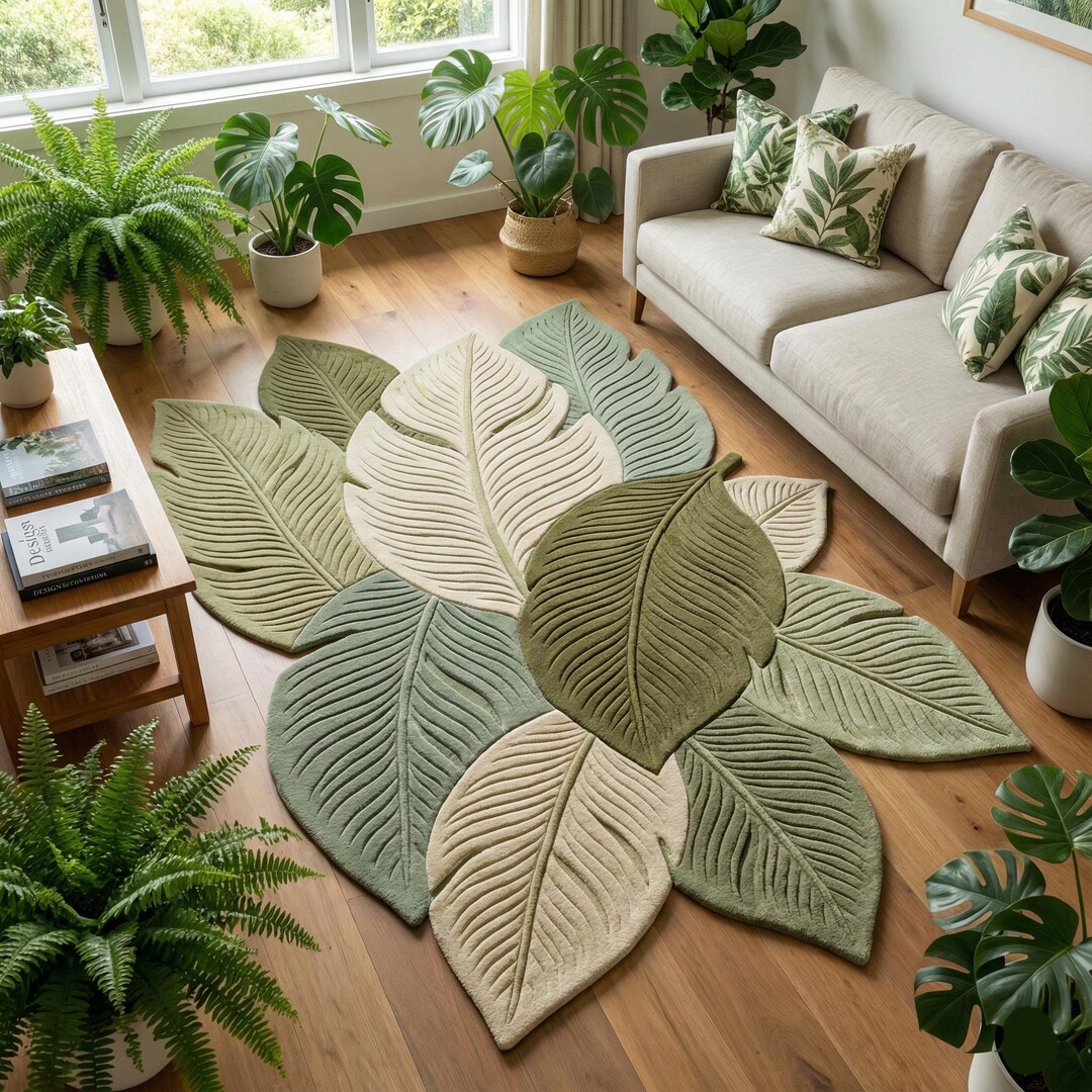 Hand-tufted Leaf Shape Wool Rug | Botanical Layered Leaves Design in ...