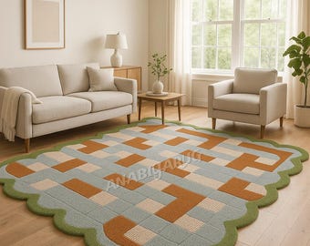 Scalloped Wool Rug | Hand-Tufted Geometric Block Design, 5x7