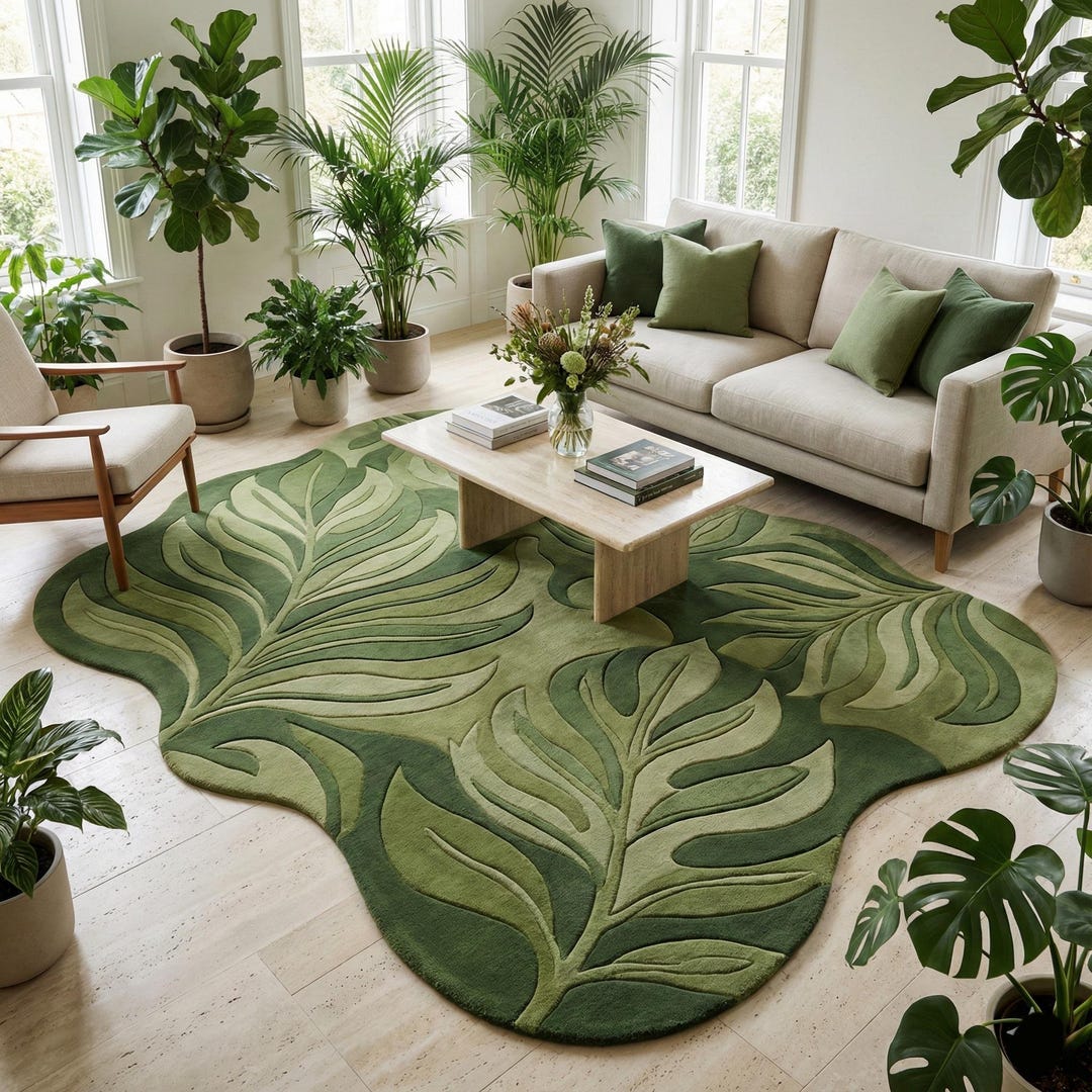 Leafy Handmade Rug Hand-tufted Botanical Leaf Wool Rug | Organic Green Designer Area Rug ...