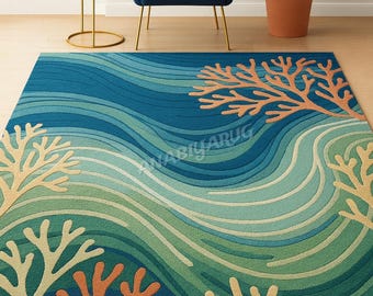 Hand-Tufted Wool Rug | Coastal Modern Ocean Wave Design, 8x10