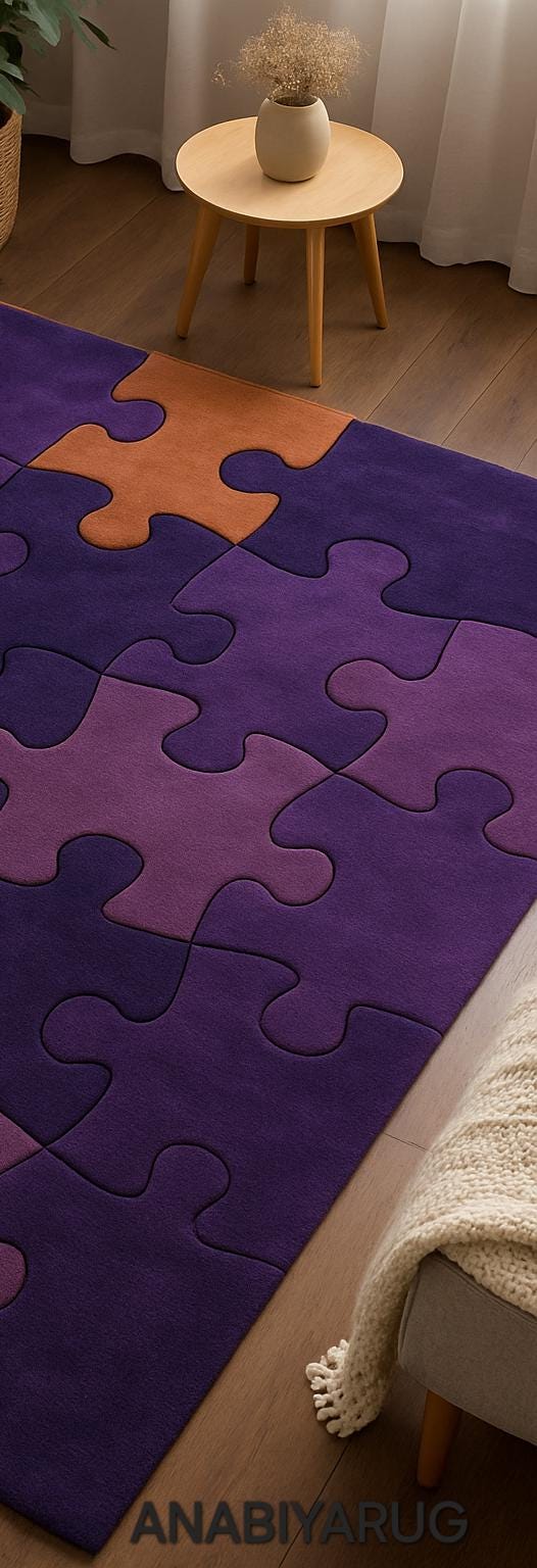 Hand-tufted Wool Puzzle Rug: Modern Purple & Orange Interlocking Hand-tufted Wool Puzzle Rug: Modern Purple & Orange Interlocking