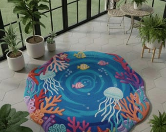 Hand-Tufted Ocean Theme Kids Rug | Underwater Coral Reef Design with Fish & Jellyfish | Multicolor | 6x6