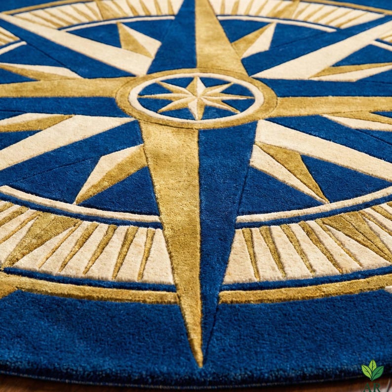 Blue Compass Rug Nautical Compass Round Area Rug | Hand-tufted Maritime Star Rug | Navy ...