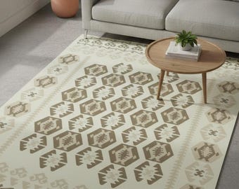Handwoven Wool Kilim Rug | Cream & Beige Tribal Geometric Flatweave | Boho Southwestern Wool Carpet | 6x9