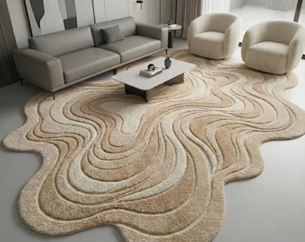 Hand-Tufted Neutral Wave Wool Rug | Modern Freeform Sculpted Area Rug | Beige & Sand Abstract| 7x10