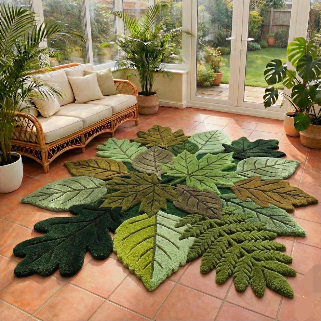Leafy Handmade Rug Hand-tufted Botanical Leaf Emotion Rug | Nature-inspired Green Designer ...