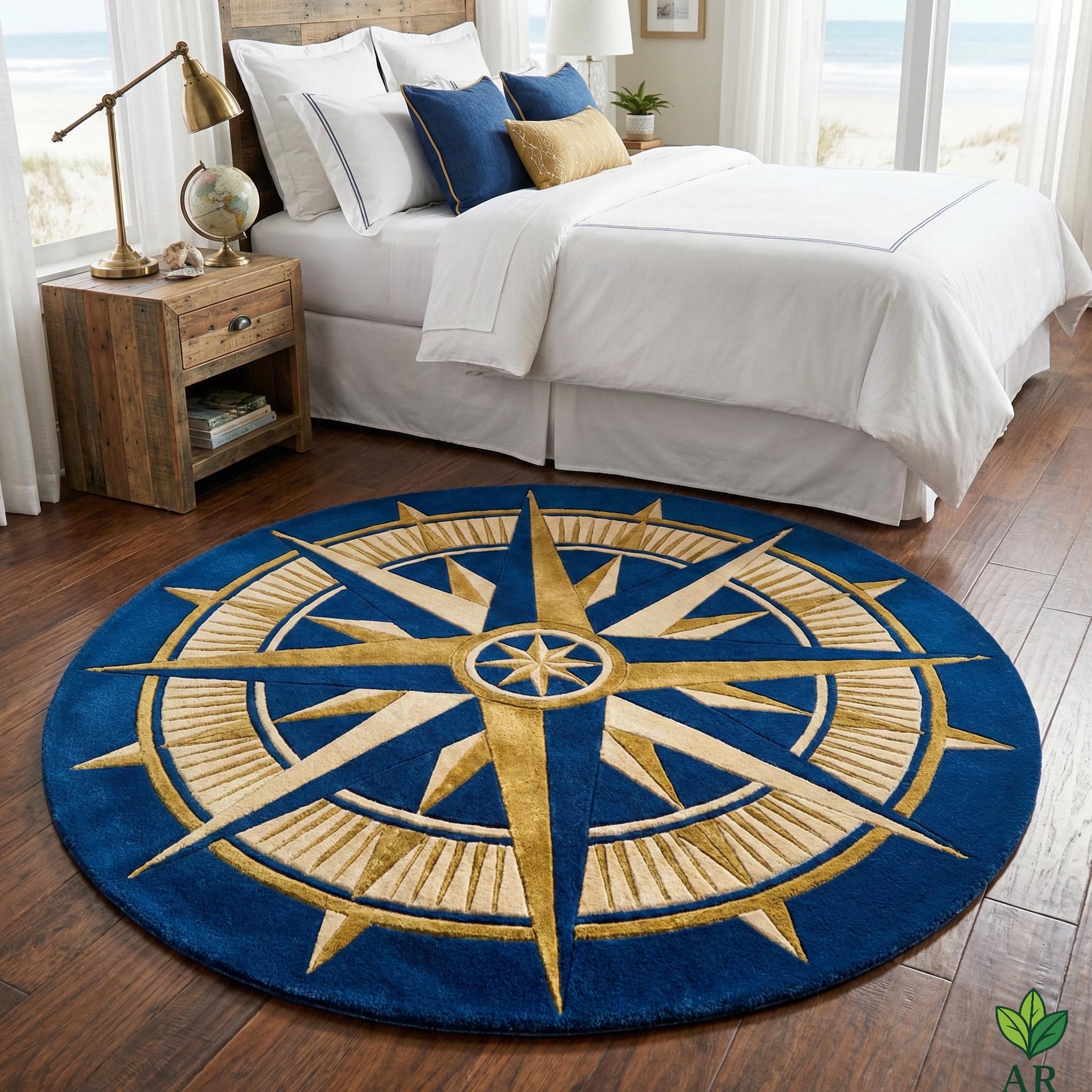 Nautical Compass Round Area Rug | Hand-tufted Maritime Star Rug | Navy ...