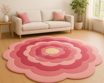 Hand-Tufted Wool Flower Rug | 8x8 Pink Floral Geometry