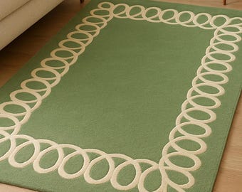Hand-Tufted Green Wool Rug: Modern Minimalist Cream Border, New Zealand Wool