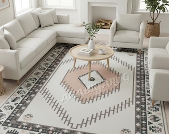 Handwoven Wool Kilim Rug | Soft Beige & Blush Tribal Flatweave Carpet | Minimal Southwestern Rug 6x9