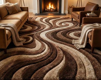 Hand-Tufted Swirl Wave Wool Rug | Modern Abstract Curved Pattern Area Rug | Brown & Cream 8x10