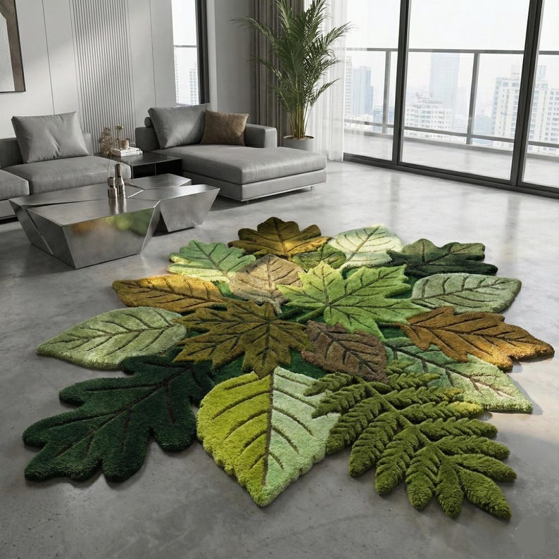 Hand-tufted Botanical Leaf Emotion Rug | Nature-inspired Green Designer ...