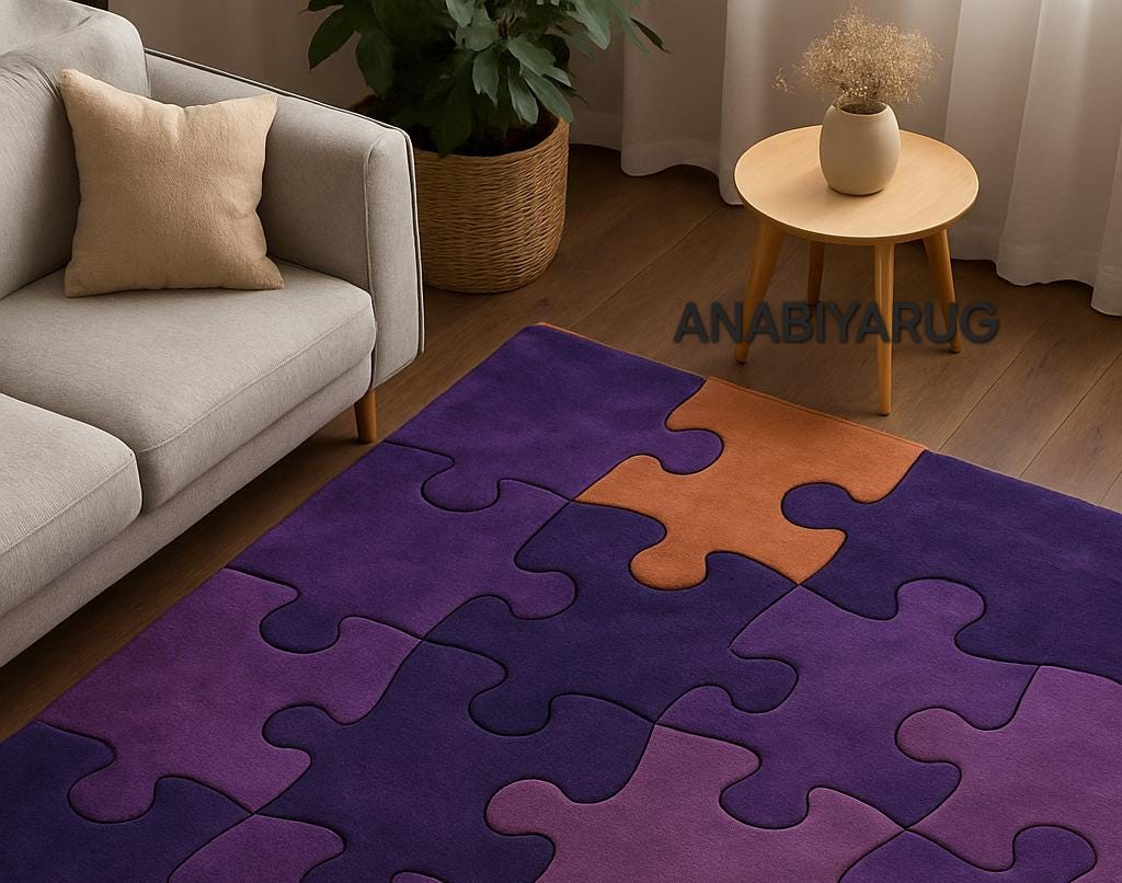 Hand-tufted Wool Puzzle Rug: Modern Purple & Orange Interlocking Hand-tufted Wool Puzzle Rug: Modern Purple & Orange Interlocking