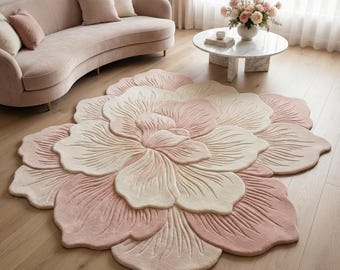 Blush Floral Hand-Tufted Wool Rug | Soft Petal Flower Shape Area Rug | Ivory 6x6 Bedroom