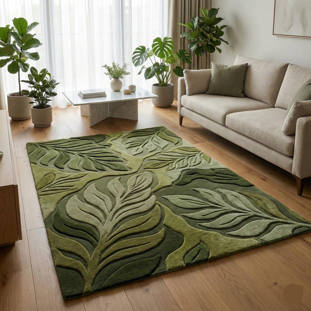 Leafy Handmade Rug Hand-tufted Botanical Leaf Green Rug | Nature-inspired Wool Area Rug ...