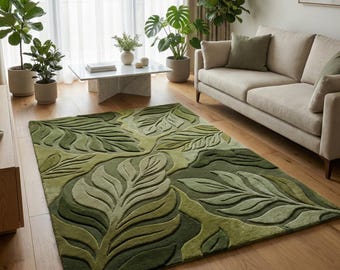 Hand-Tufted Botanical Leaf Green Rug | Nature-Inspired Wool Area Rug | Sculpted Pattern Designer Carpet | 5x8