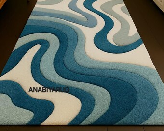 Hand-Tufted Abstract Wavy Wool Rug: Teal, Blue, and White - 5x8