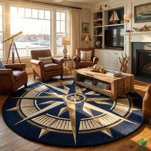 May include: A navy blue and gold compass rose rug in a living room setting. The rug is round and features a detailed compass design with gold and cream accents. The room includes leather armchairs, a wooden coffee table, and a fireplace.