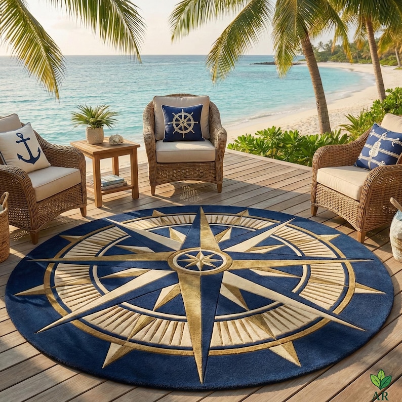Blue Compass Rug Nautical Compass Round Area Rug | Hand-tufted Maritime Star Rug | Navy ...