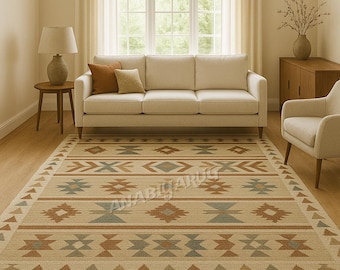 Handwoven Wool Kilim Rug | Cream, Terracotta & Sage Green Southwestern 5x7  Flatweave | Geometric Wool Durrie